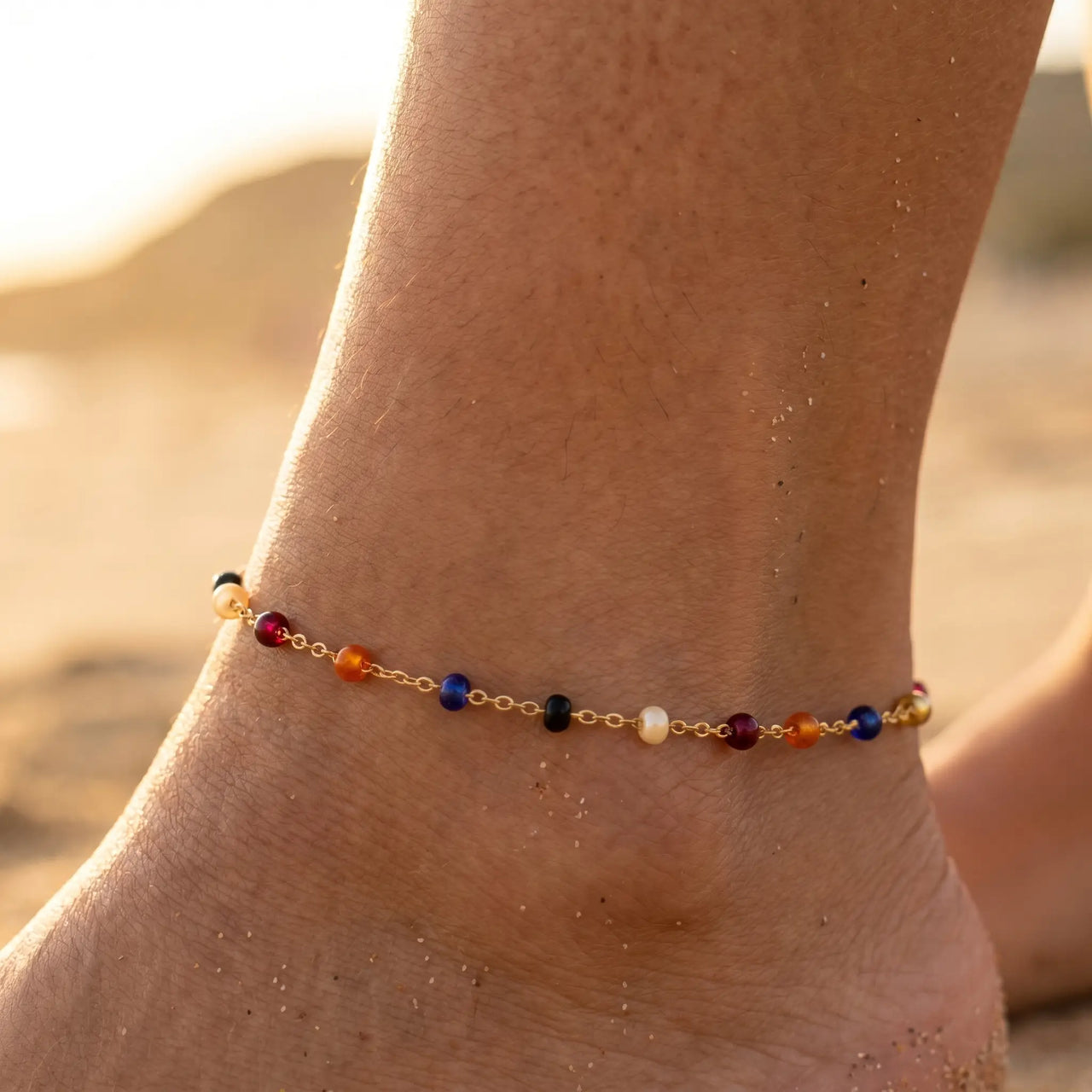 Multicolour Bead Anklet featuring rich jewel tones and 18K gold plating by Brother & Sisters, perfect for summer styling.