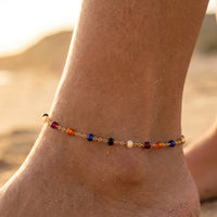 Thumbnail for Multicolour Bead Anklet featuring rich jewel tones and 18K gold plating by Brother & Sisters, perfect for summer styling.