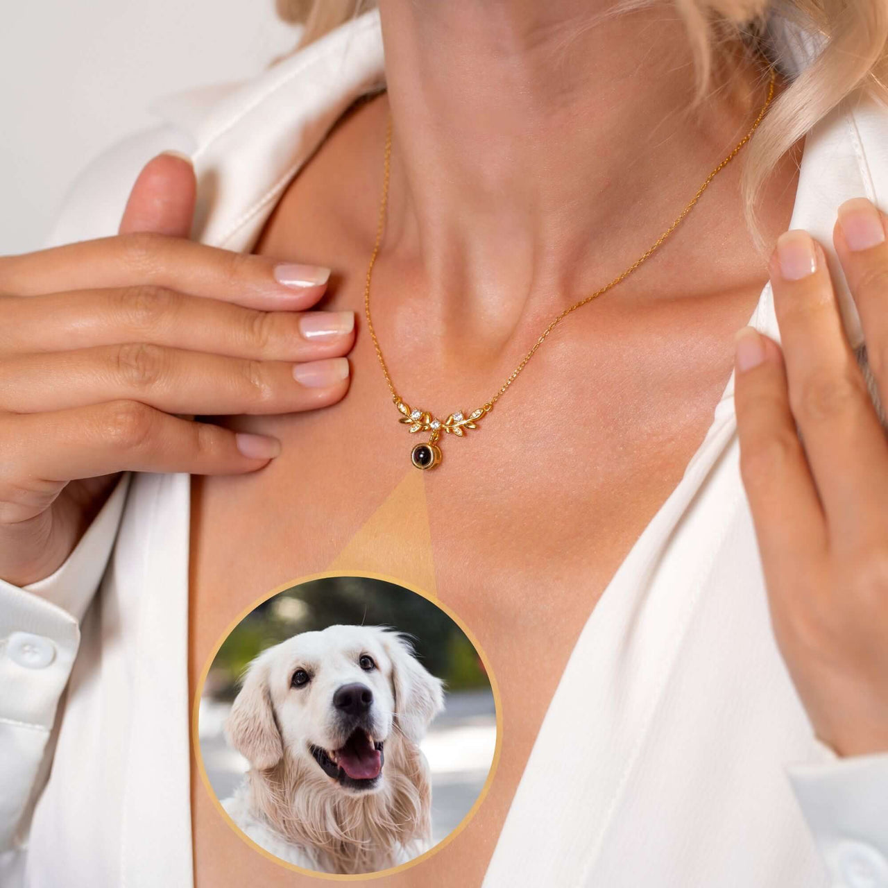 Nature Photo Necklace by Brother & Sisters featuring a photo projection of a pet, elegant design for personalized gifts.