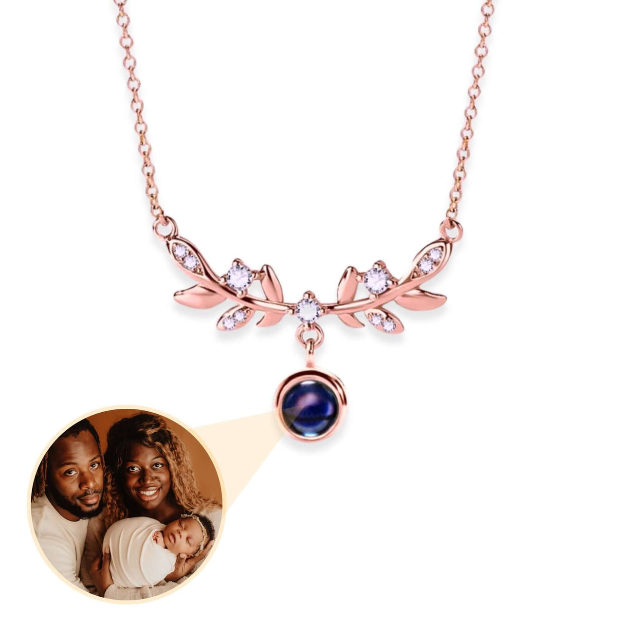 Nature Photo Necklace by Brother & Sisters features a Laurel Leaf design with a personalized photo projection.
