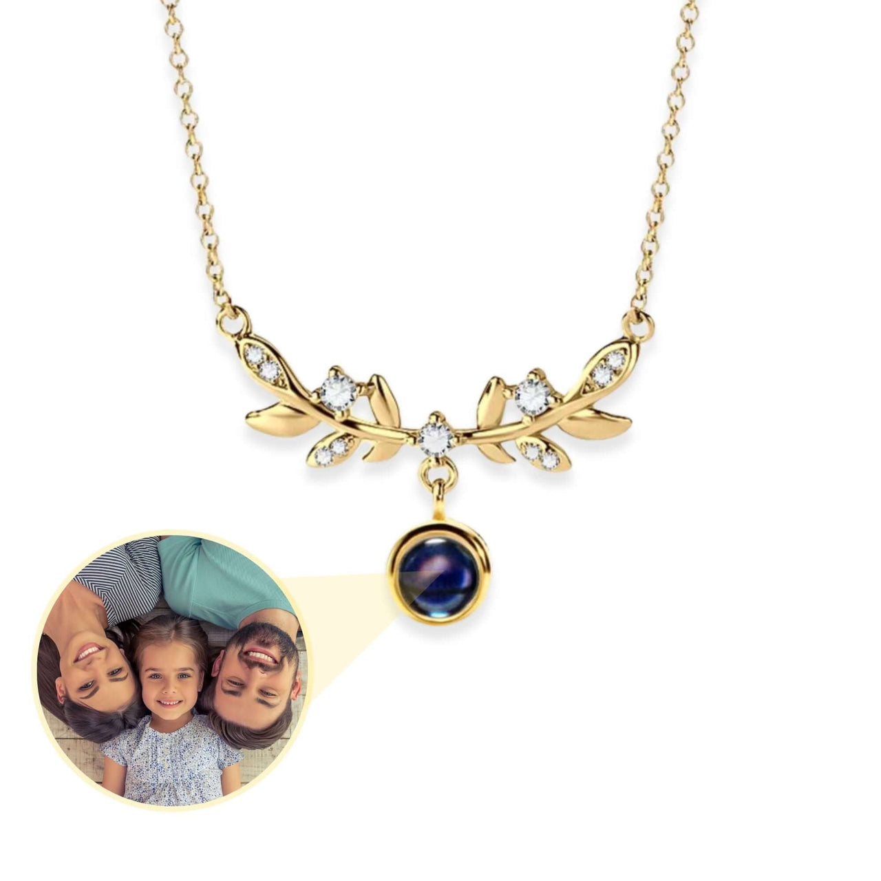 Nature Photo Necklace by Brother & Sisters featuring Laurel Leaf design and personalized photo projection.