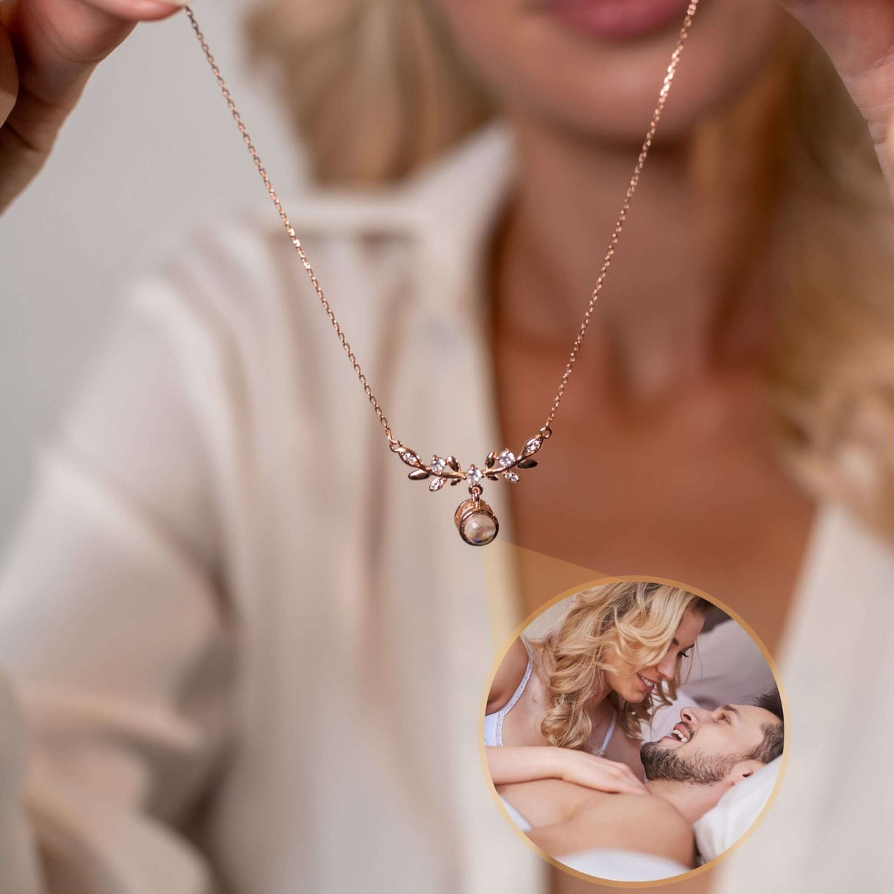 Nature Photo Necklace by Brother & Sisters, featuring Laurel Leaf design, showcasing a personalized photo charm.