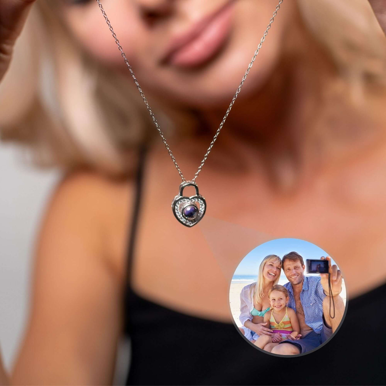 Woman wearing a beautiful Padlock Photo Necklace by Brother & Sisters, showcasing a family photo inside.