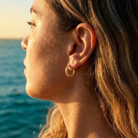 Thumbnail for Pave Huggie Hoop Earrings in Gold, close-up on the earlobe | SKU: 41011-gold