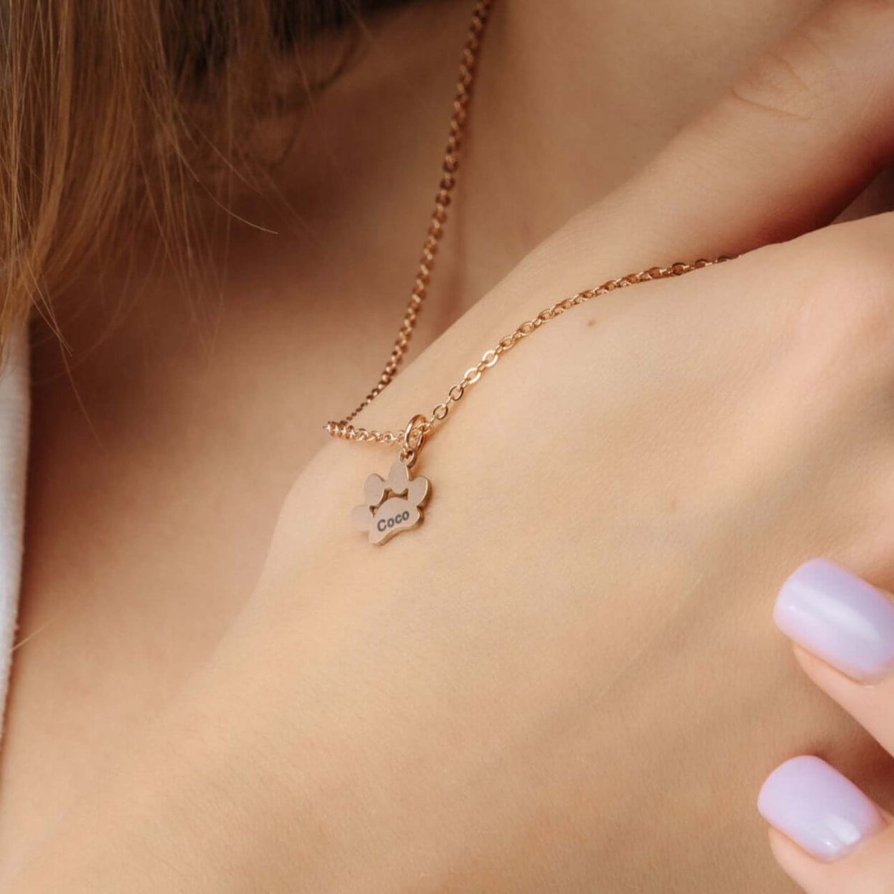 Paw Name Necklace featuring a customizable charm with the name Coco by Brother & Sisters, elegant and personalized.