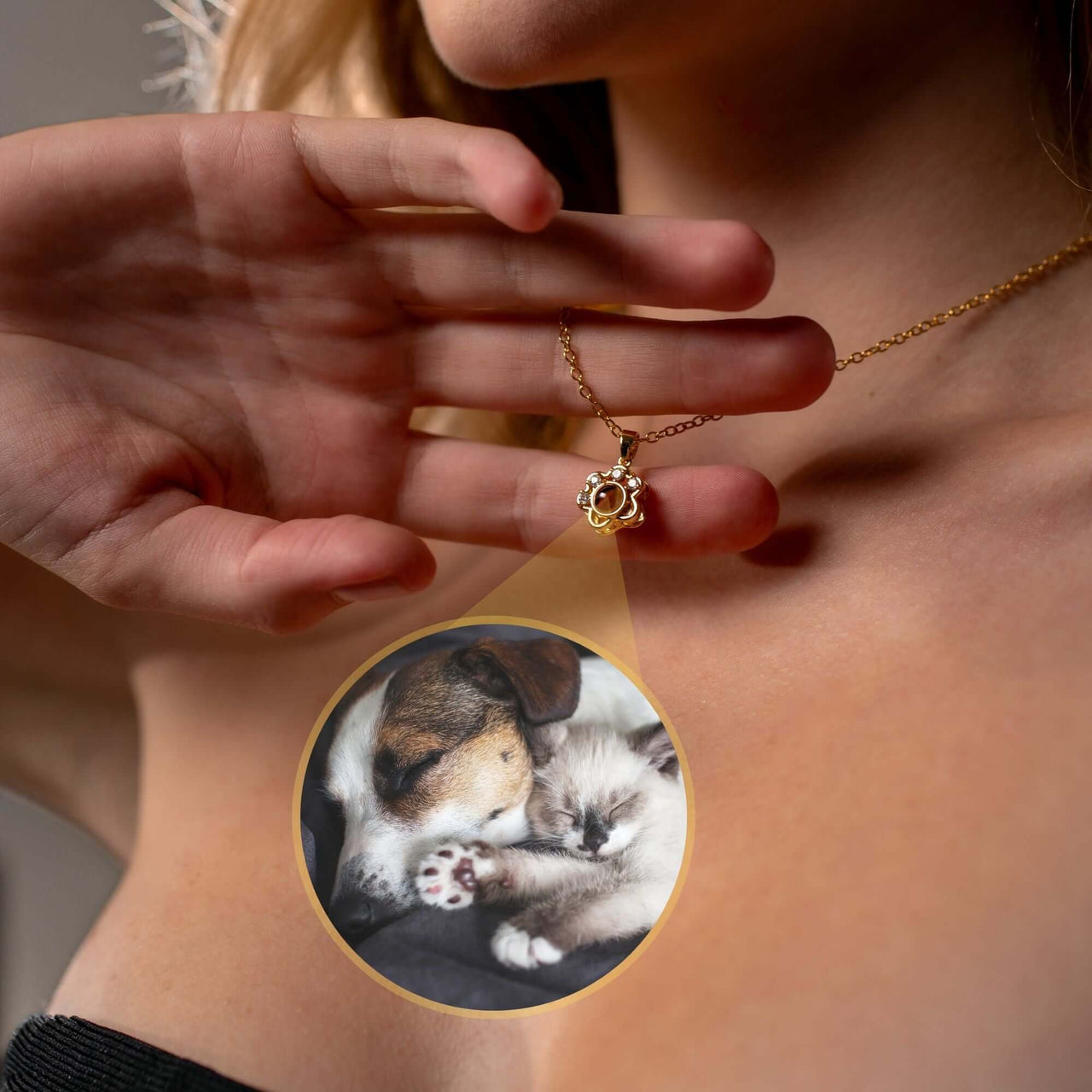 Close-up of Paw Print Photo Necklace showcasing a pet photo, crafted by Brother & Sisters.