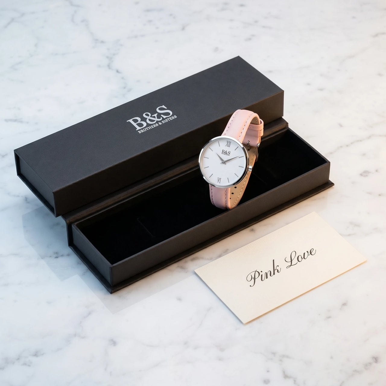 Pink Love in B&S long rectangular gift box on Carrara marble