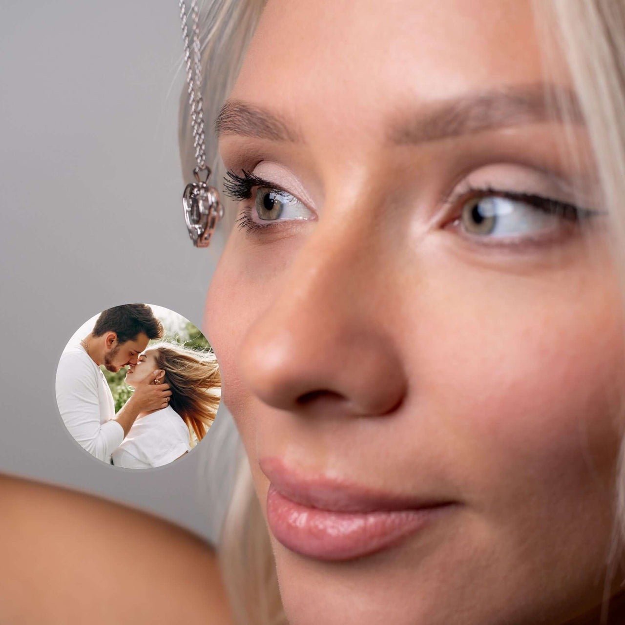 Precious Heart Photo Necklace displayed on a model with a cherished photo insert, by Brother & Sisters.