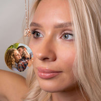 Thumbnail for Woman wearing Precious Heart Photo Necklace featuring a custom photo insert, by Brother & Sisters.