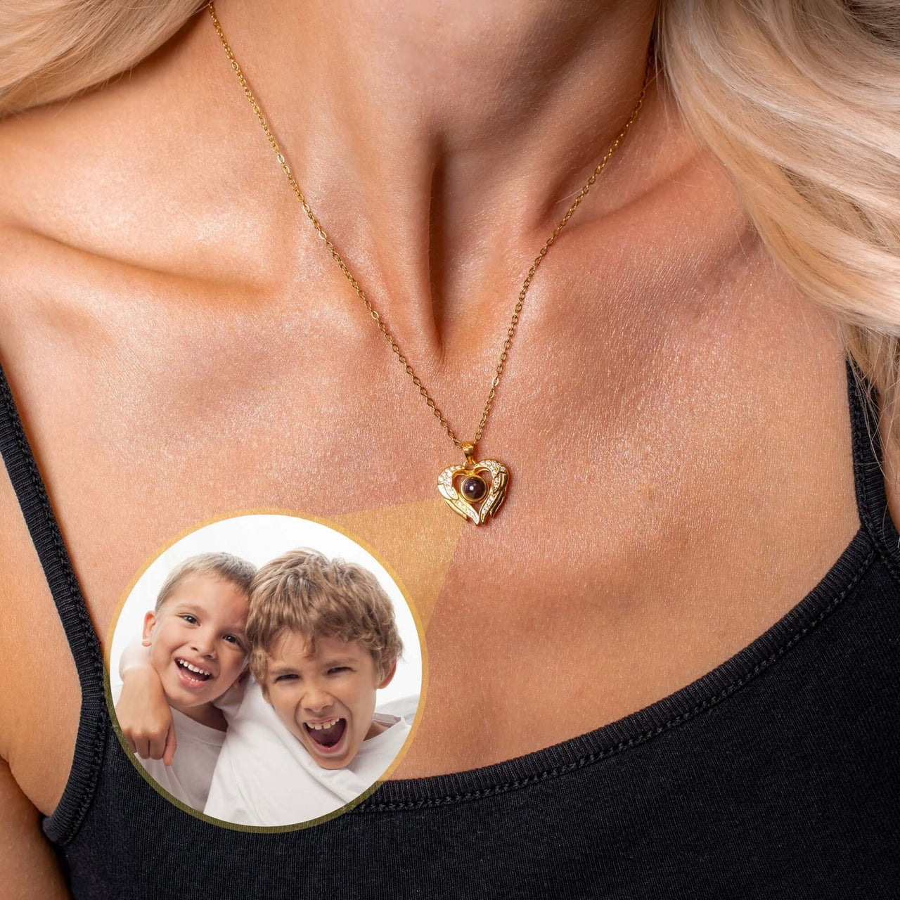 Precious Heart Photo Necklace worn by a woman, showcasing a heart-shaped pendant with a custom photo insert.