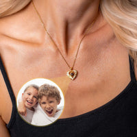 Thumbnail for Precious Heart Photo Necklace worn by a woman, showcasing a heart-shaped pendant with a custom photo insert.