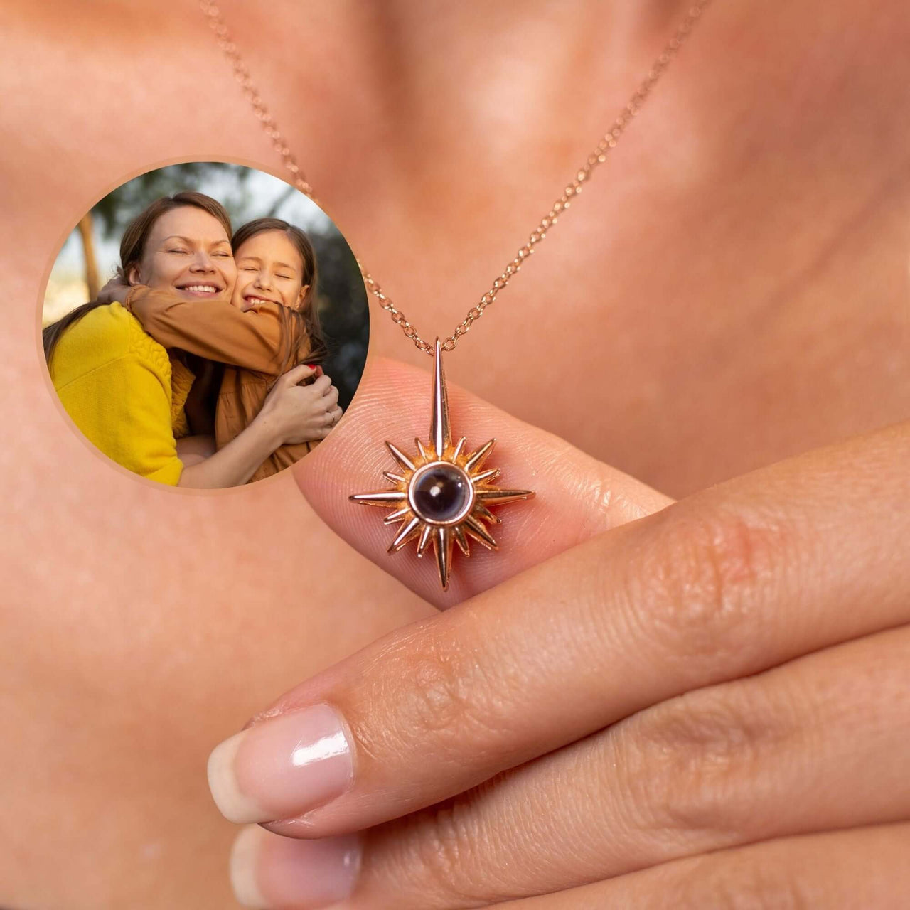 Protect Photo Necklace featuring a sunburst design, personalizable with a cherished photo, by Brother & Sisters.