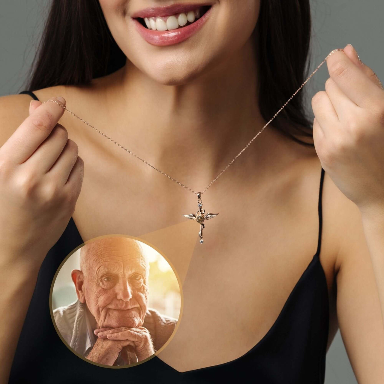 Woman wearing a Protection Photo Necklace featuring a cherished memory, crafted by Brother & Sisters.