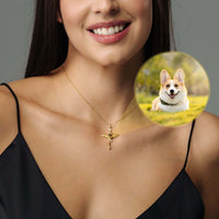 Thumbnail for Protection Photo Necklace featuring a happy corgi image, worn by a woman, crafted by Brother & Sisters.