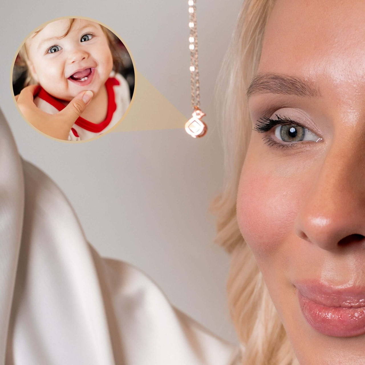 Rare Photo Necklace featuring a smiling baby photo projection charm, perfect for capturing precious moments.