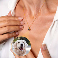 Thumbnail for Rare Photo Necklace worn by a woman, showcasing a personalized pendant with a photo projection of a golden retriever.
