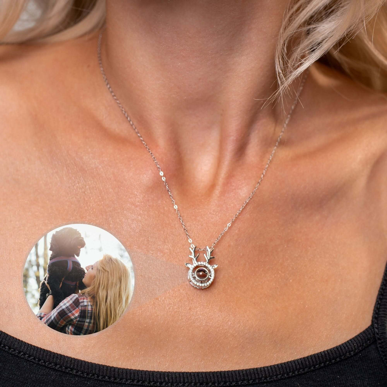Reindeer Photo Necklace featuring a personal photo insert and festive reindeer design by Brother & Sisters.