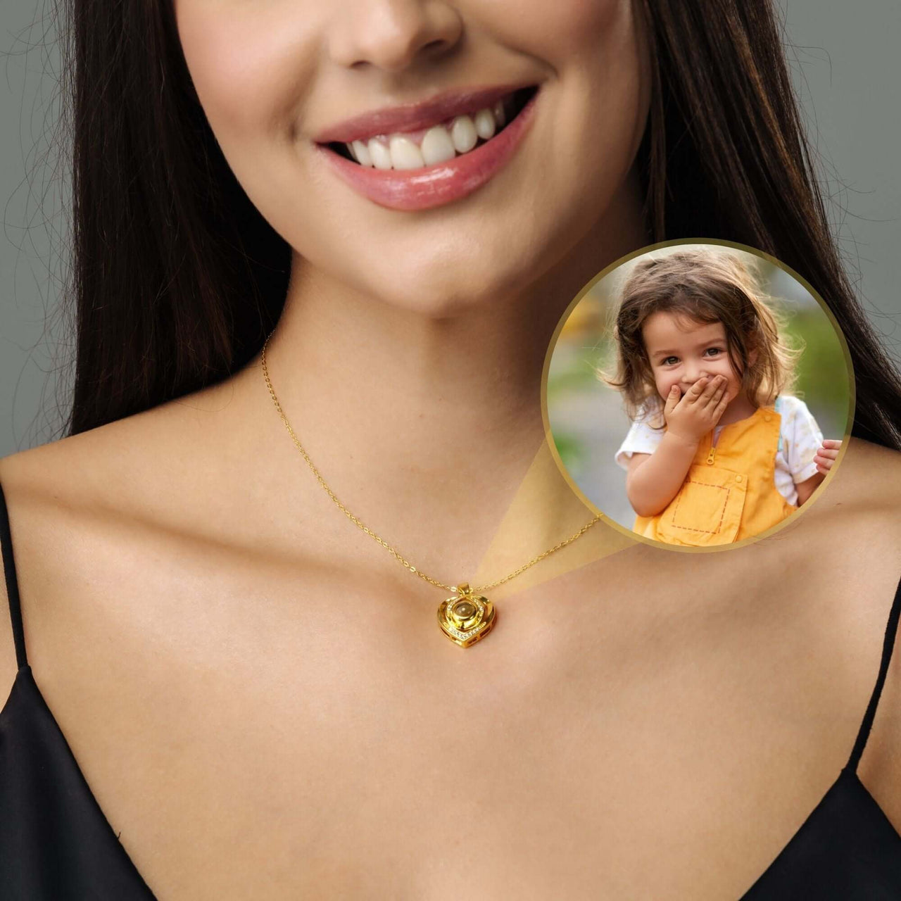 Romance Photo Necklace worn by a woman, featuring a personalized pendant with a child’s photo, by Brother & Sisters.