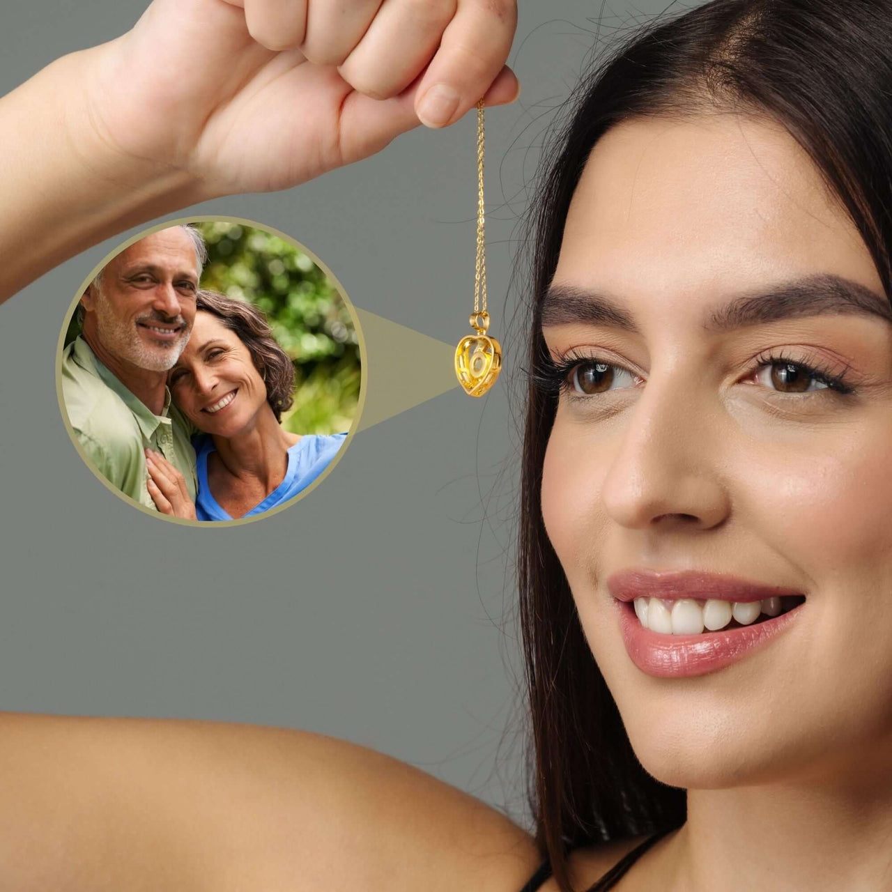 Woman showcasing a Romance Photo Necklace pendant with a cherished photo, designed by Brother & Sisters.