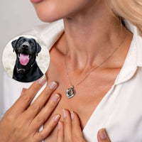 Thumbnail for Romance Photo Necklace worn by a woman, showcasing a heart pendant with personalized photo of a dog.