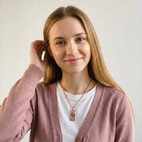 Thumbnail for Woman wearing the rose gold bar photo necklace with her late grandfather's photo | SKU: TPH-BARN-ROSEGOLD