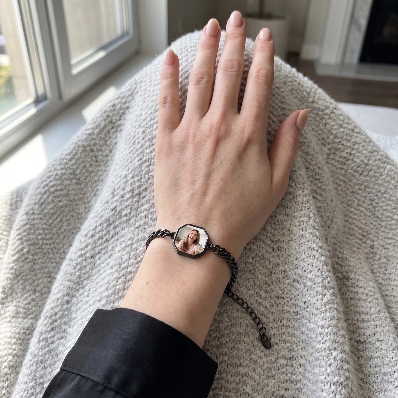The black octagon photo bracelet on the wrist, showing the lobster clasp and extension chain | SKU: TPH-OCTB-BLACK-18
