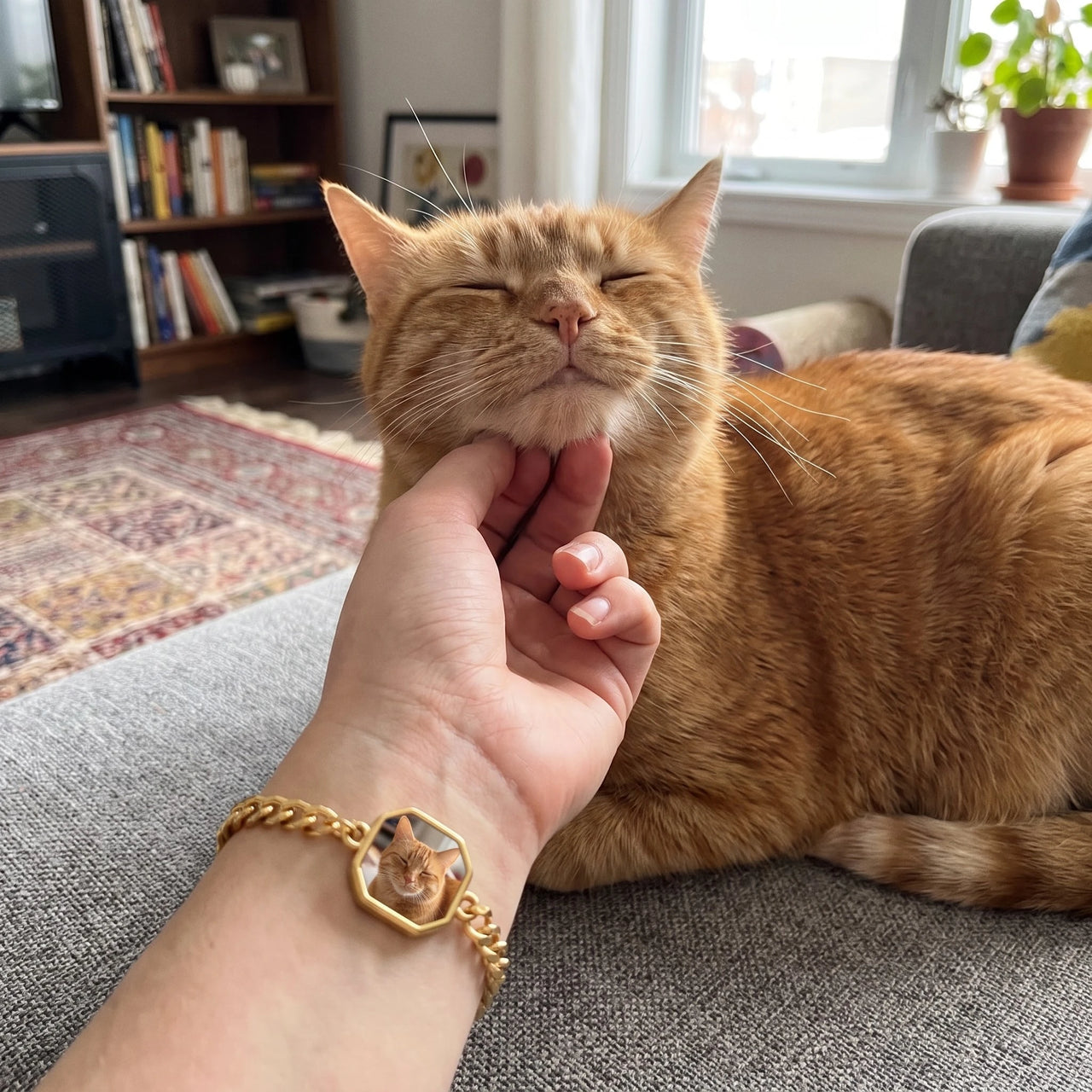 Customer photo: the gold octagon bracelet with her cat's photo, her cat in the background | SKU: TPH-OCTB-GOLD-18