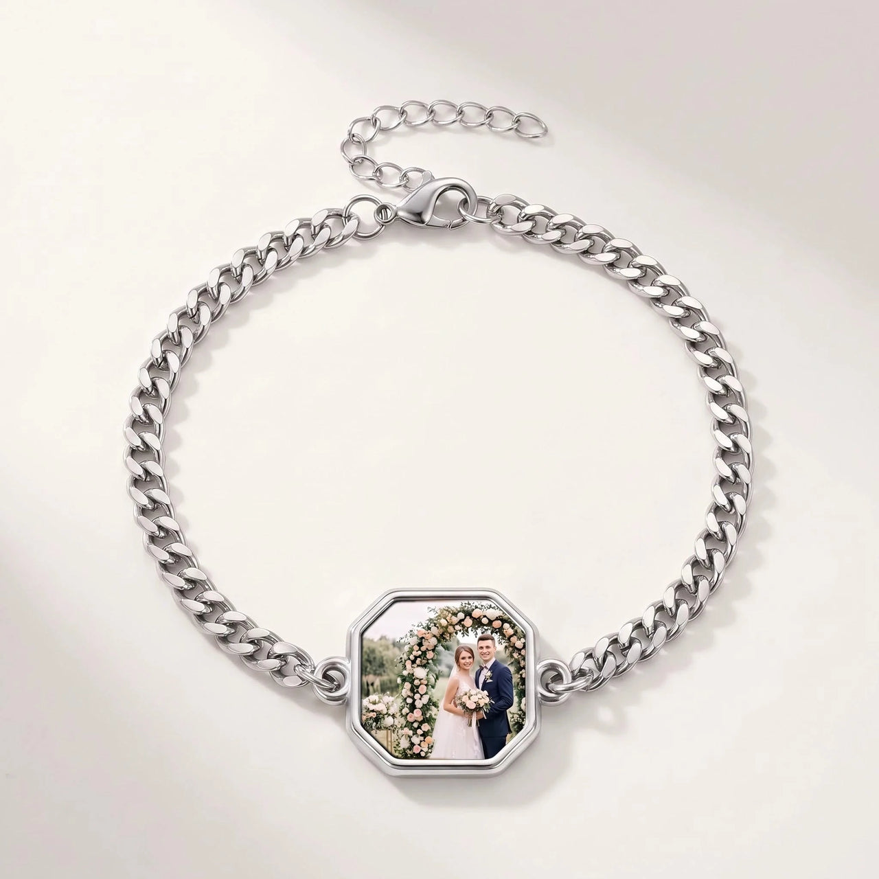 Secret Octagon Photo Bracelet in silver, octagon charm on a curb chain with the hidden photo revealed by warmth | SKU: TPH-OCTB-SILVER-18