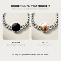 Thumbnail for Before and after: black round charm on the silver bracelet, then the photo revealed by warmth | SKU: TPH-RNDB-SILVER