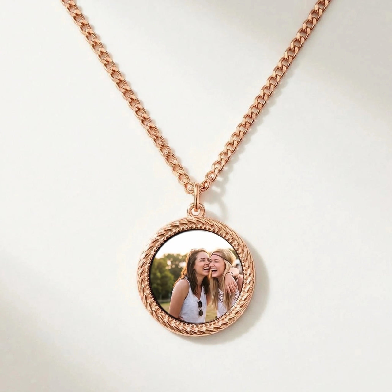 Secret Round Photo Necklace in rose gold, black round pendant turning into a hidden photo when warmed | SKU: TPH-RNDN-ROSEGOLD