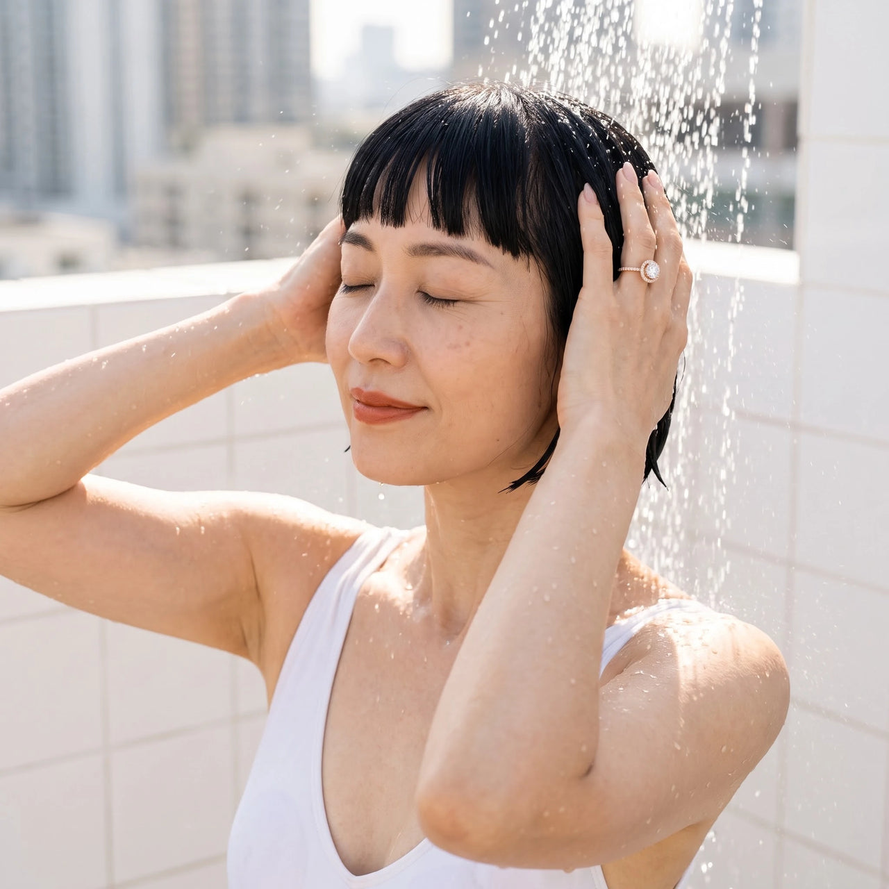Rose Gold Circle Ring worn in an outdoor shower | SKU: 101791-4.5-rose-gold