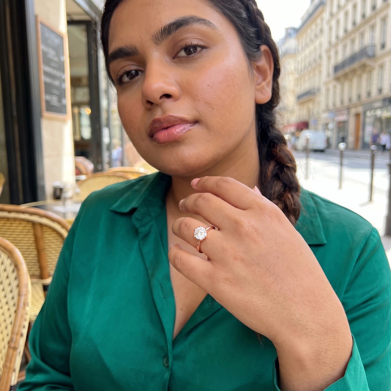 Woman gently touching her Rose Gold Classic Ring | SKU: 33759698-4.5-rose-gold