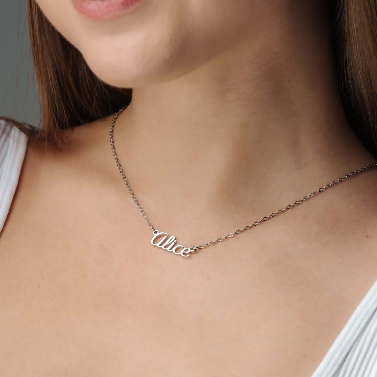 Custom Silver Name Necklace by Brother & Sisters featuring the name Alice for personalized elegance.