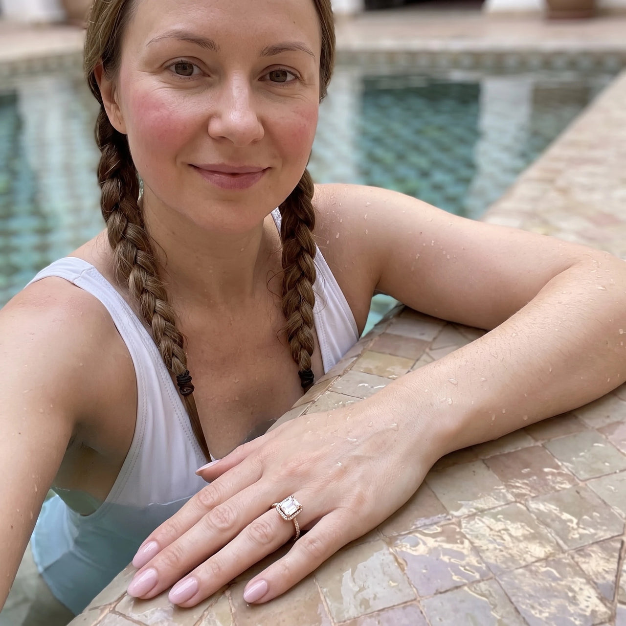 Rose Gold Rectangle Ring worn by the water | SKU: 1969566-4-5-rose-gold
