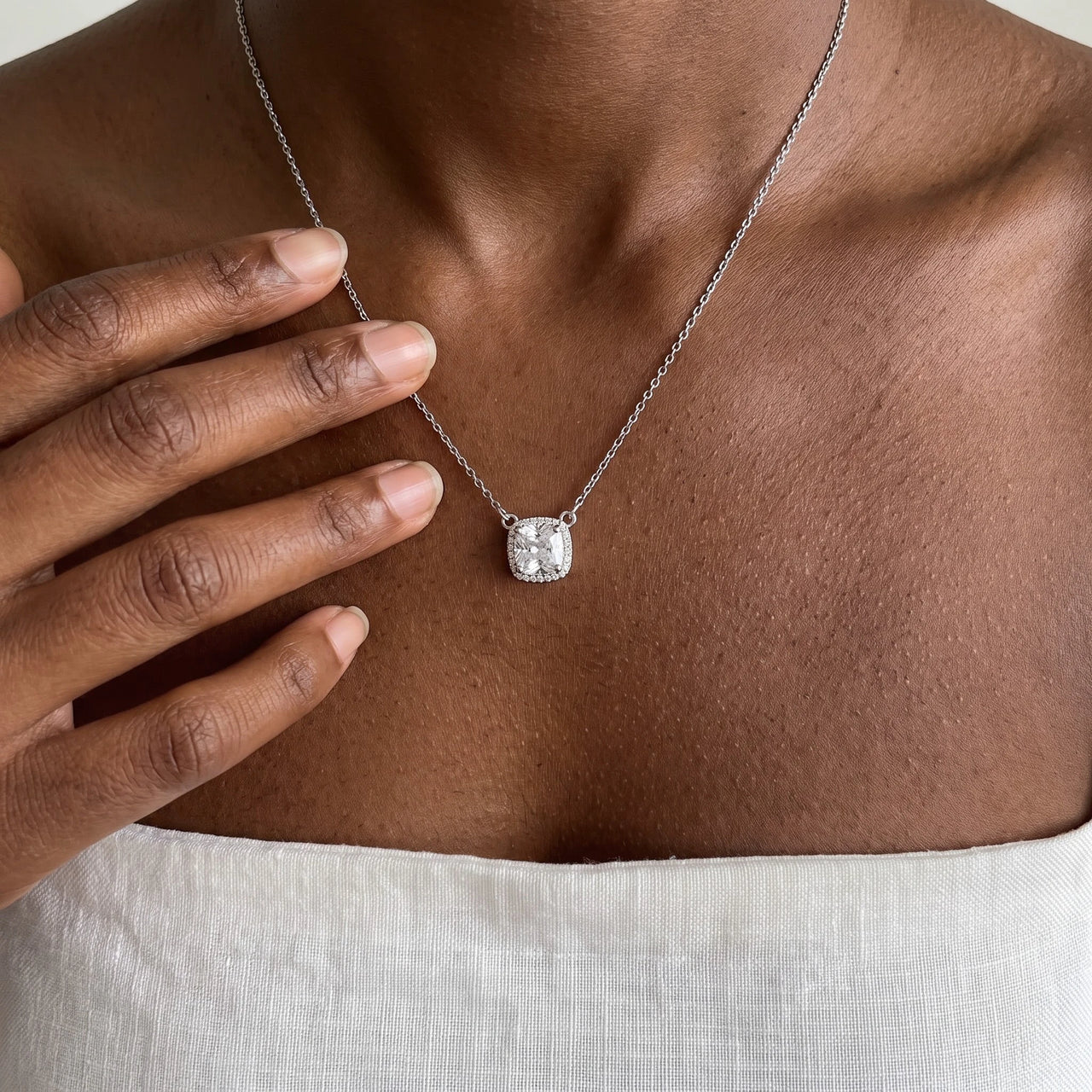 Silver necklace worn, showing its real size | SKU: 505721