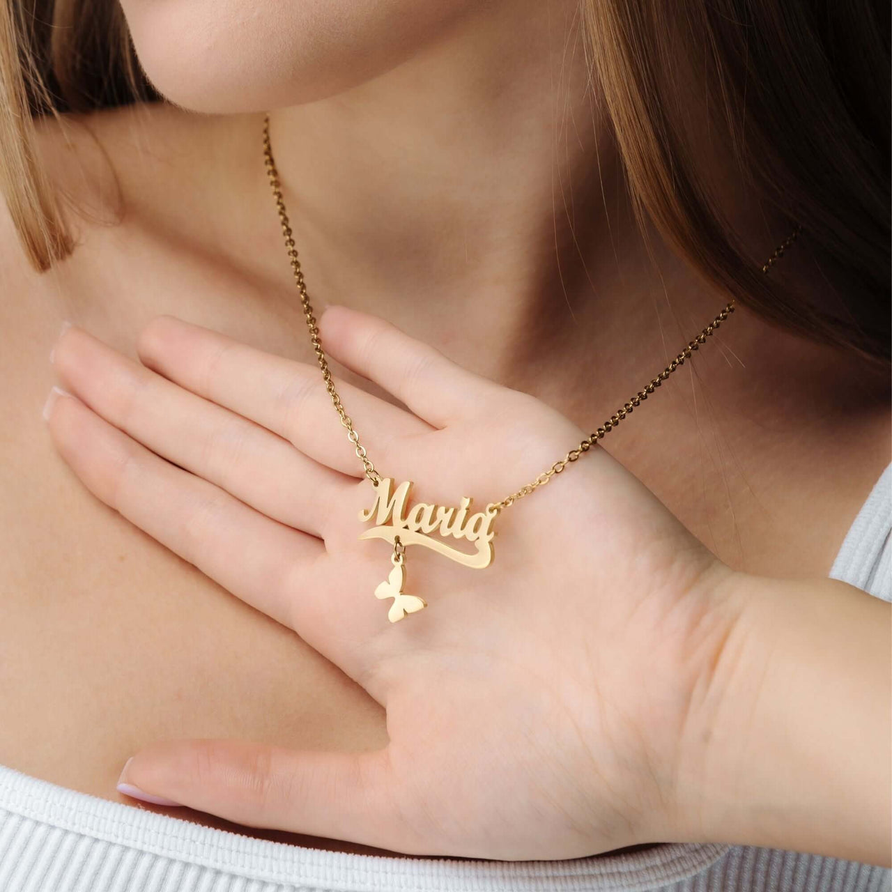 Simple Name Necklace featuring a gold personalized name 'Maria' from Brother & Sisters, perfect for elegant style.