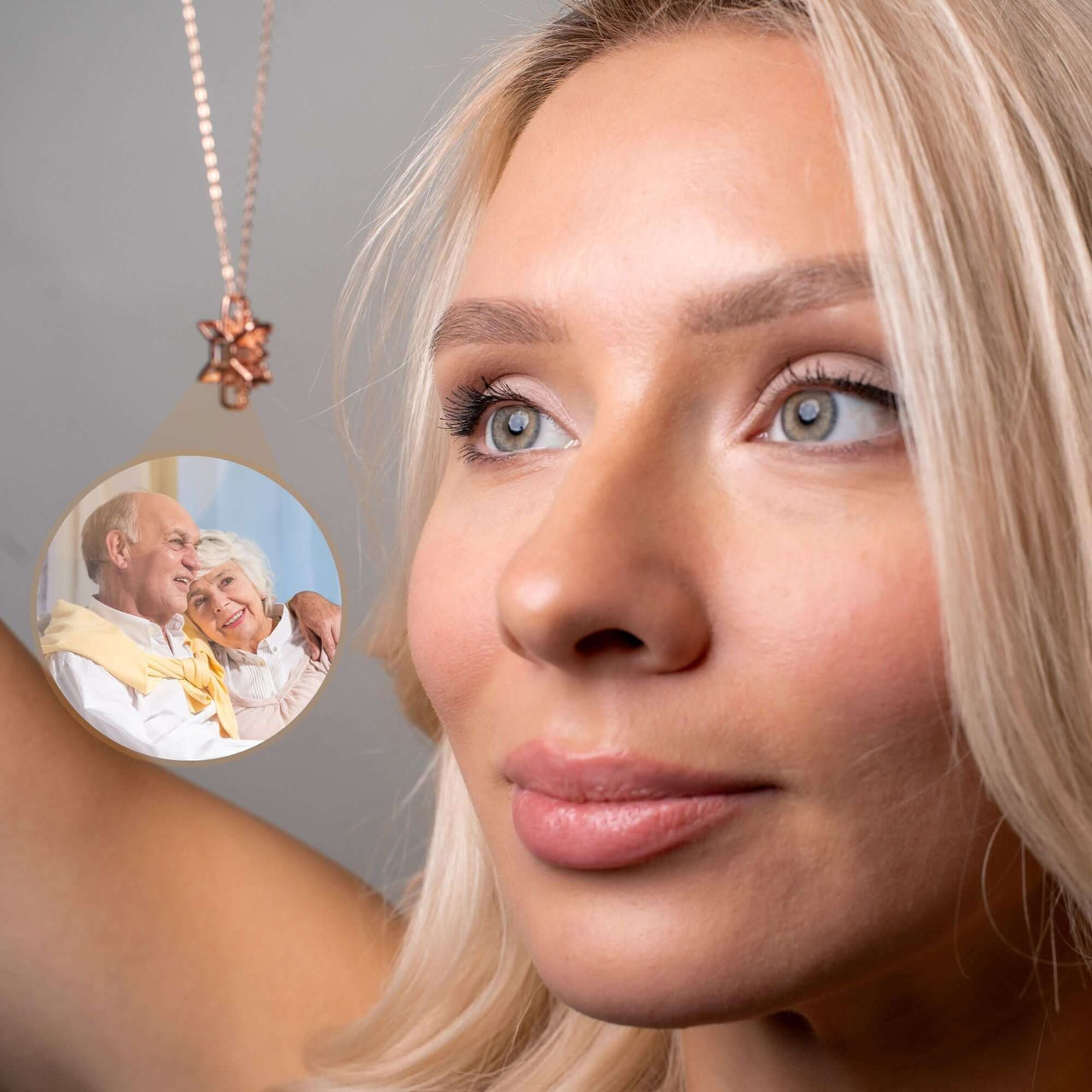 Woman wearing a Snowflake Photo Necklace showcasing a cherished photo, perfect for personalized gifts by Brother & Sisters.