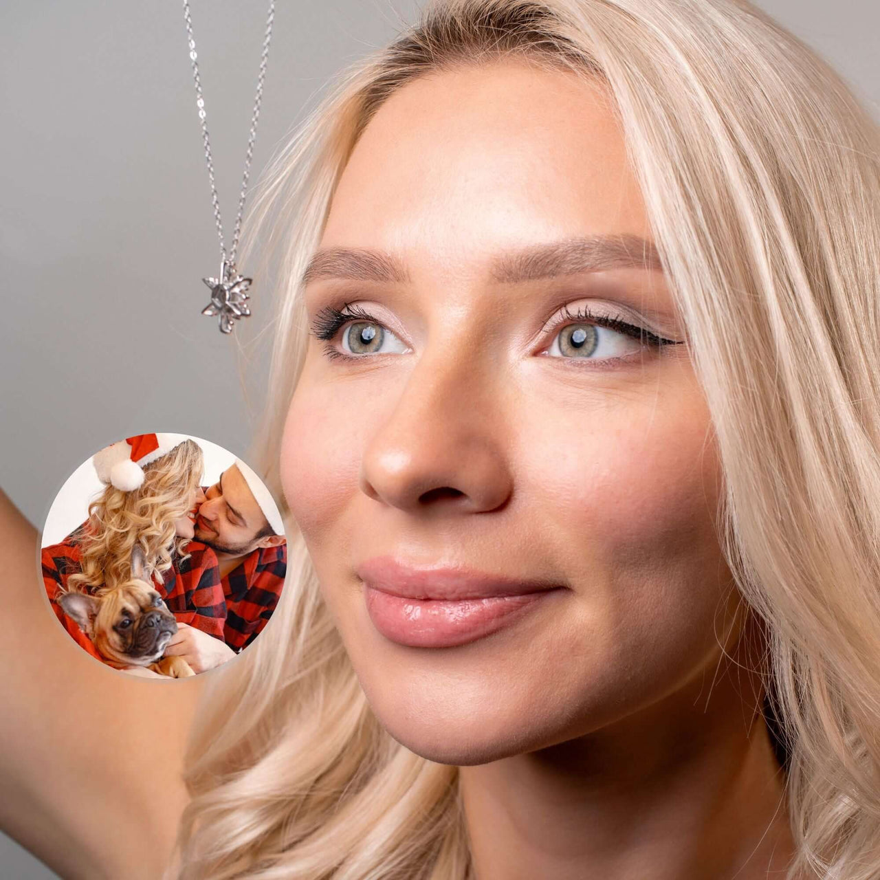 Snowflake Photo Necklace showcased on a model, featuring a personalized photo pendant by Brother & Sisters.