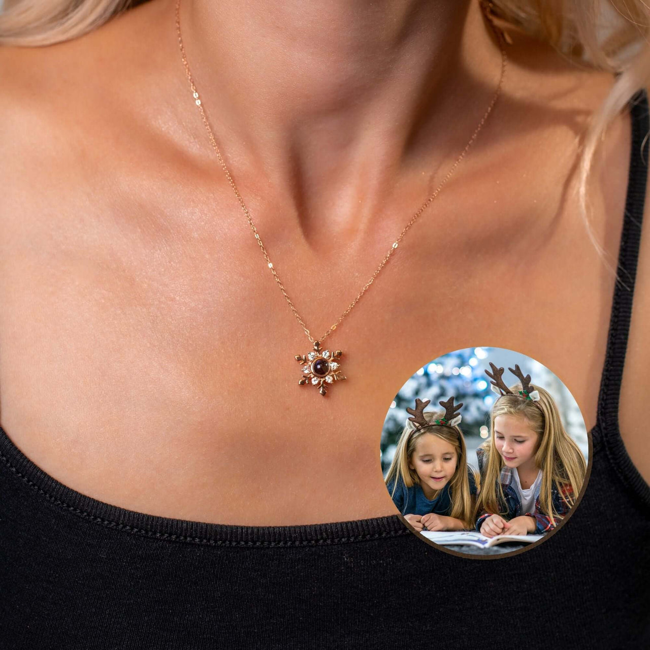 Snowflake Photo Necklace worn by a woman, featuring a custom photo pendant for personalized winter celebrations.