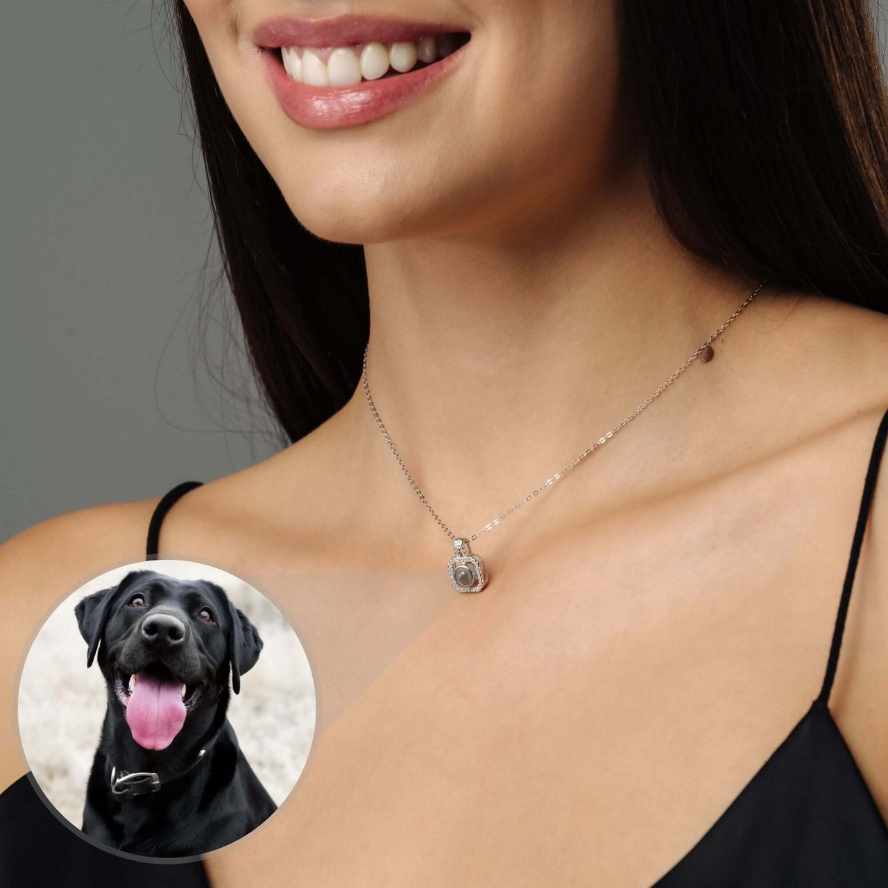 Square Photo Necklace by Brother & Sisters featuring a close-up of a woman wearing the necklace with a dog photo charm.