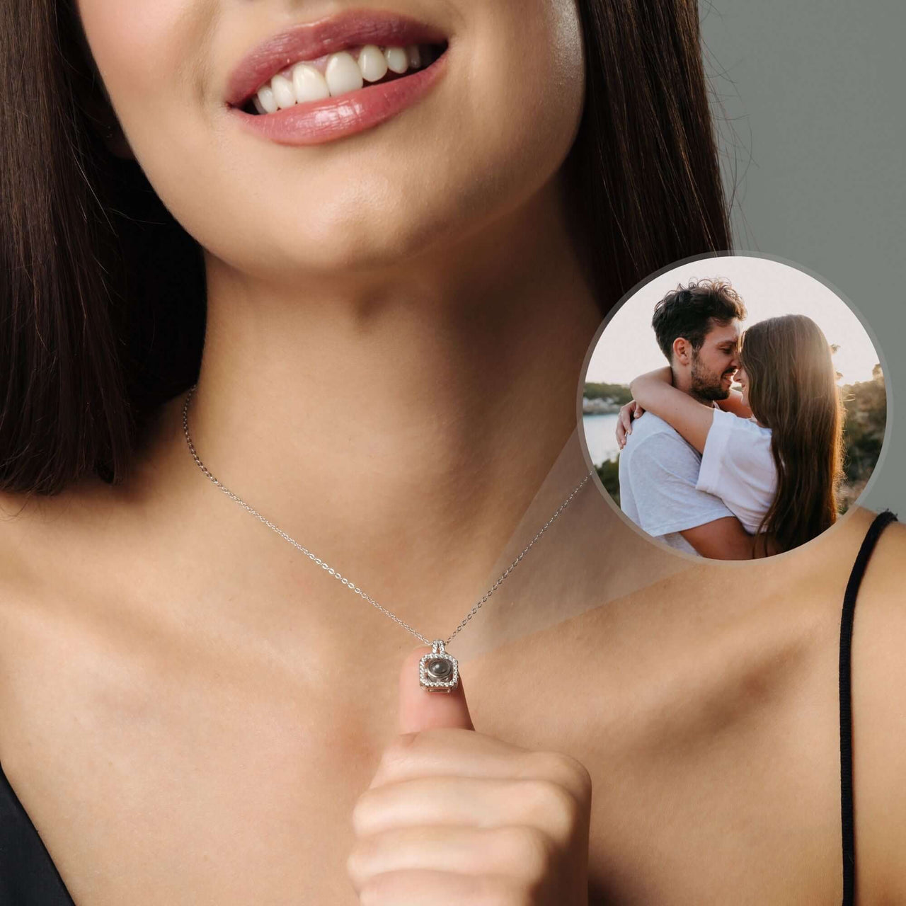 Square Photo Necklace by Brother & Sisters, featuring a silver pendant with cherished photo, worn elegantly.