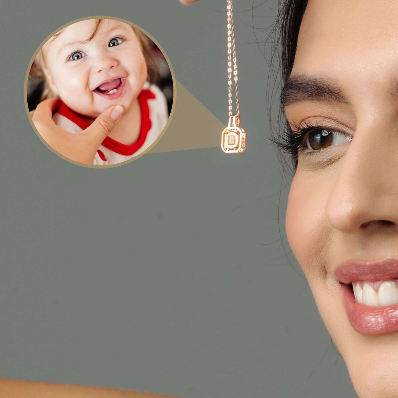 Square Photo Necklace showcasing a smiling baby charm held by a woman, by Brother & Sisters.
