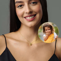 Thumbnail for Square Photo Necklace worn by a woman, featuring a child's photo, from Brother & Sisters.
