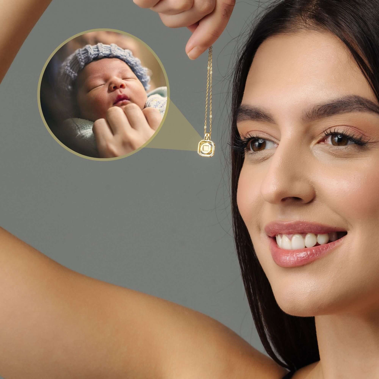 Woman showcasing a Square Photo Necklace by Brother & Sisters, featuring a cherished photo of a baby.