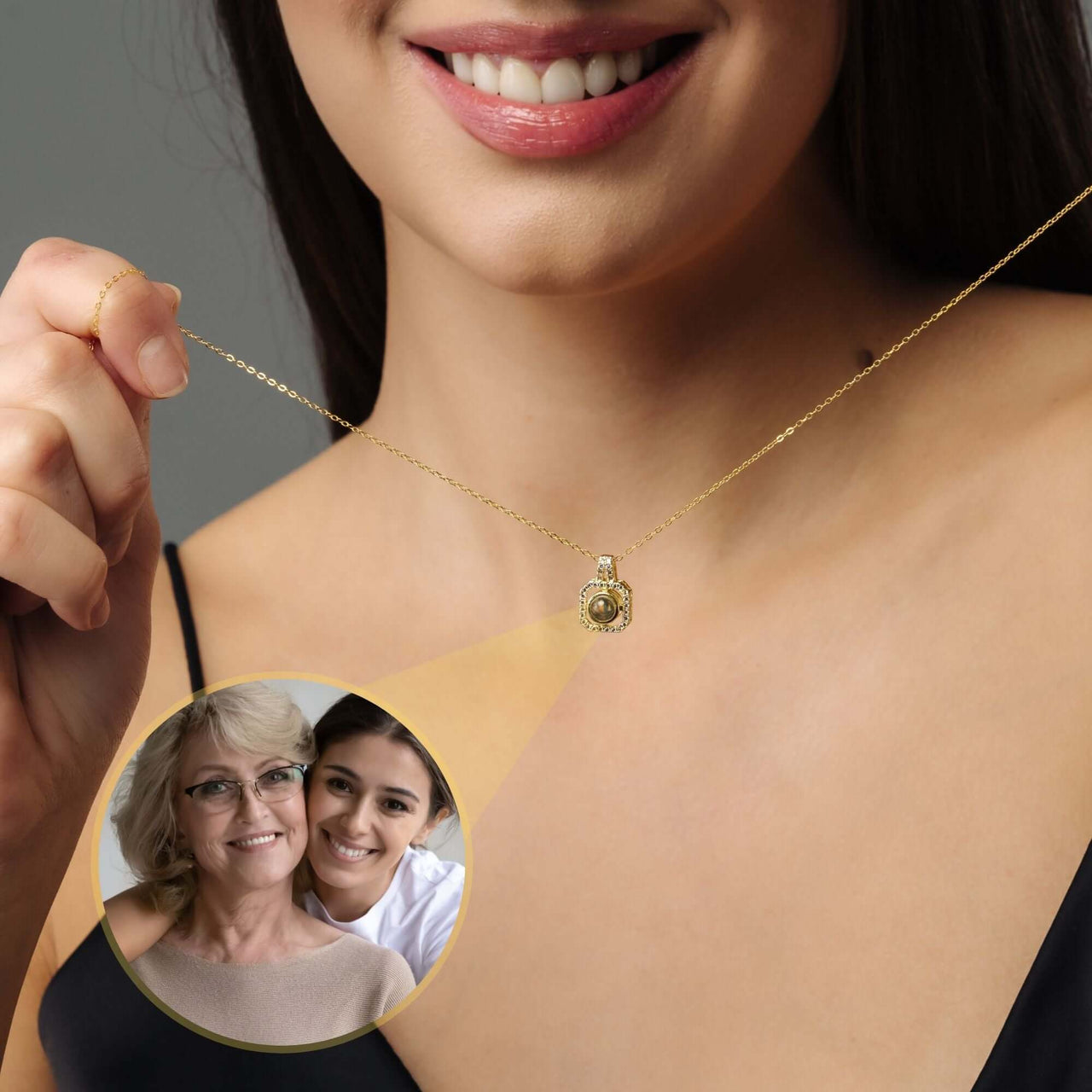Model showcasing a Square Photo Necklace by Brother & Sisters with a cherished photo inside.