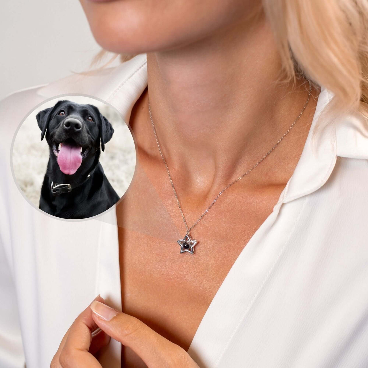 Star Photo Necklace showcasing a hidden photo projection with a dog image by Brother & Sisters.