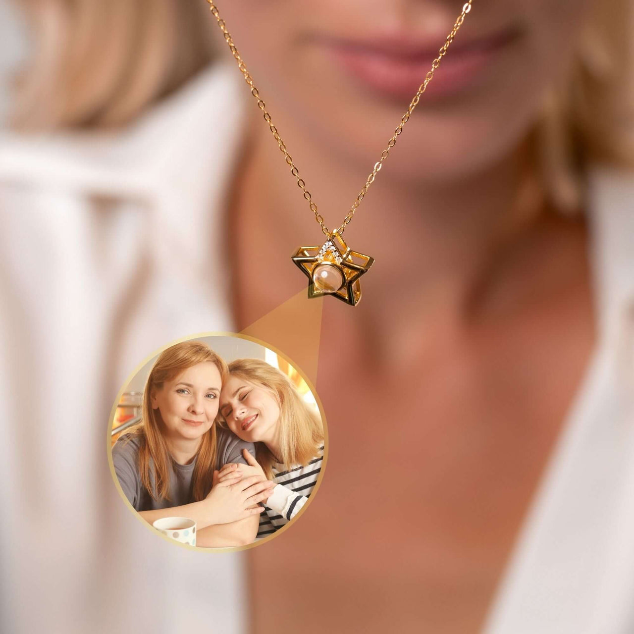 Star Photo Necklace by Brother & Sisters displaying a hidden projection of cherished memories in a star pendant.