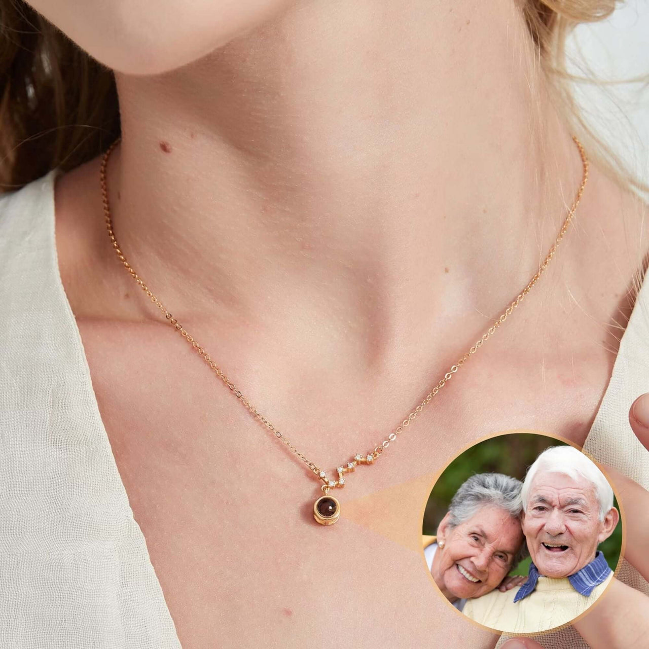 Stars Photo Necklace by Brother & Sisters featuring a hidden photo projection of cherished moments.