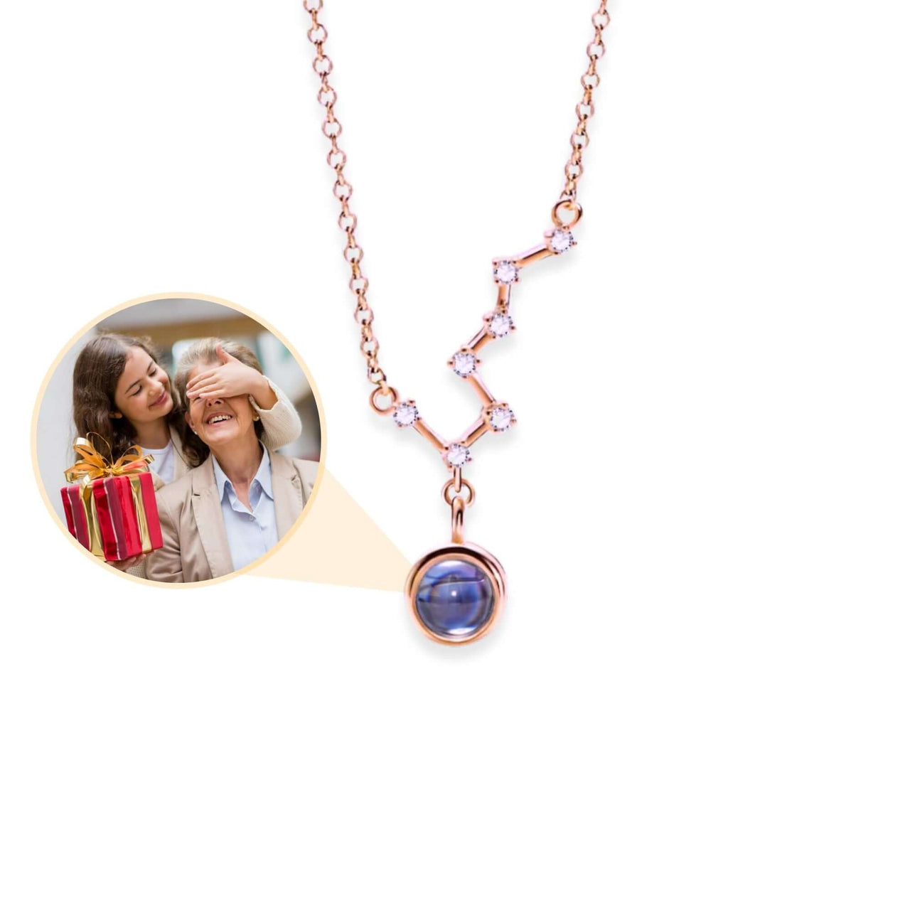 Stars Photo Necklace by Brother & Sisters featuring a hidden photo projection and a rose gold design.