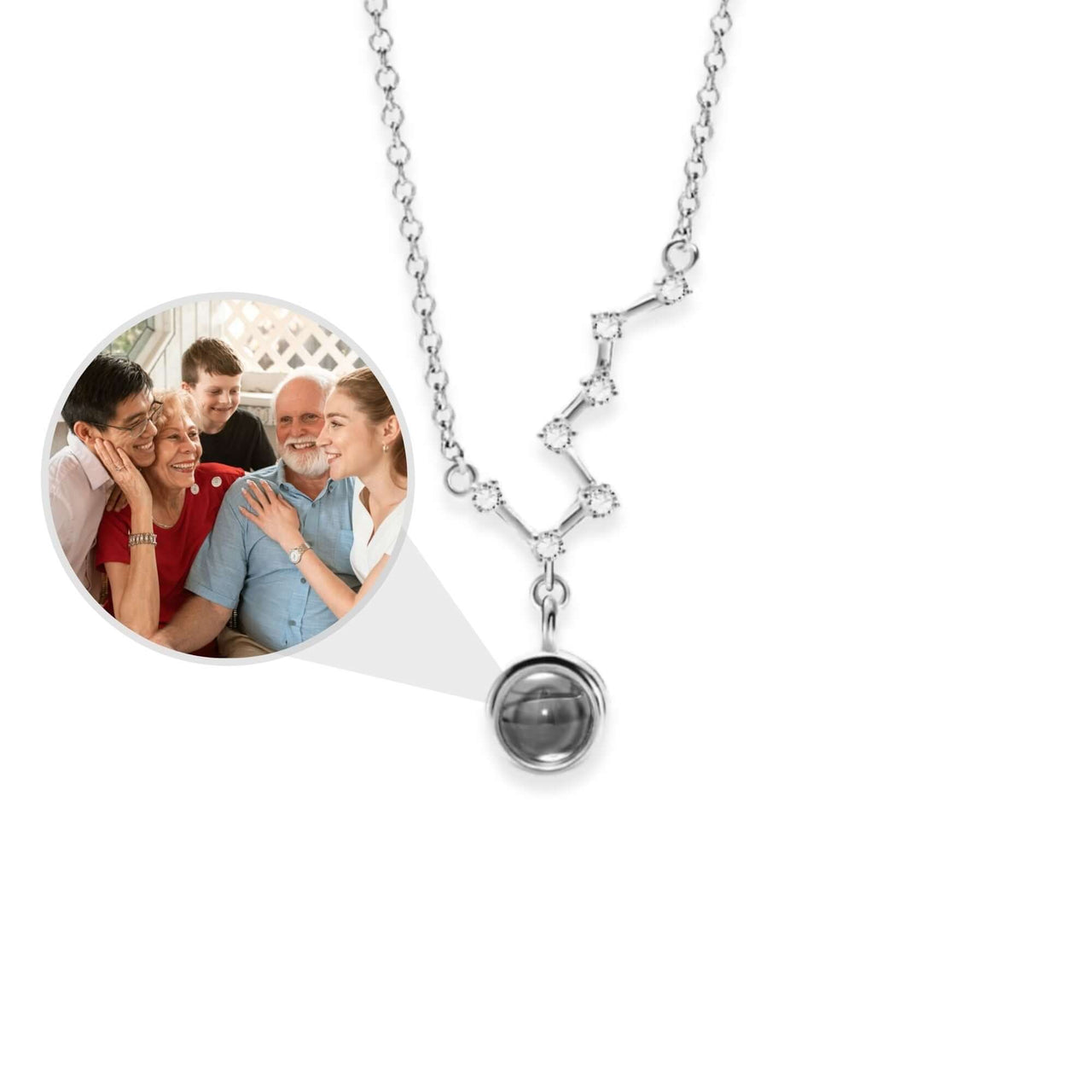 Stars Photo Necklace by Brother & Sisters featuring hidden photo projection and constellation design.